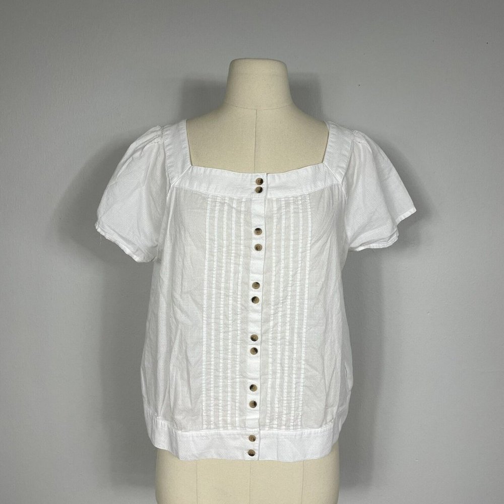 Prana White Short Sleeve Pintuck  Donny Weave Araceli Peasant Top Women’s L